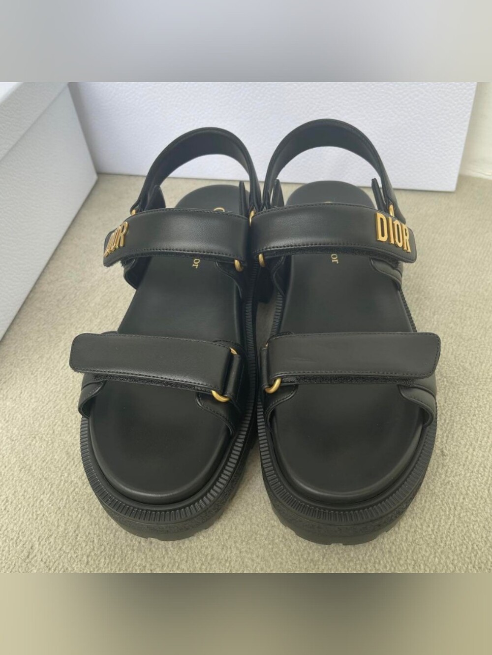 Dior Black Leather Platform Sandals with Gold Logo - Picture 5 of 8